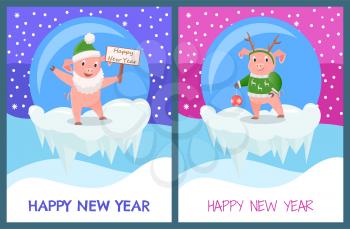 Happy New Year piglets celebration glass toys vector. Snowing weather snowfall and animals symbols of holiday. Piggy wearing reindeer print on sweater