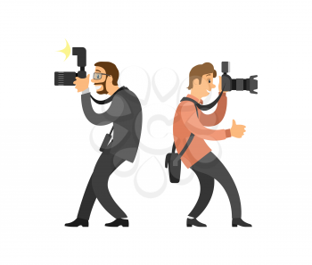 Freelancer taking photo from straight angle, journalist in glasses wearing suit vector illustrations. Photographer and paparazzi, modern cameras with flash