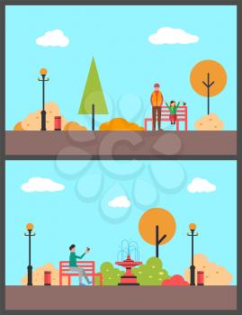 Man with little girl in autumnal park relaxing, father daughter on bench vector. Person holding bird on hand, fountain and trees, lanterns exterior
