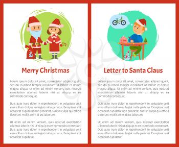 Merry Christmas letter to Santa Claus written by small boy vector. Winter characters Snow Maiden with candy, Saint Nicholas holding sack with presents