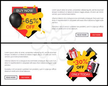 Buy now 65 percent discount, shop and store sale vector landing page sample. Banner with text and inflatable balloon, commerce trading business promotion