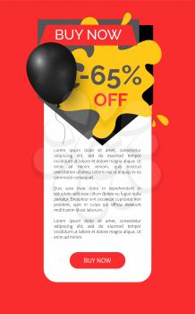 Buy now 65 percent discount, shop and store sale vector web site template. Banner with text and inflatable balloon, commerce trading business promotion