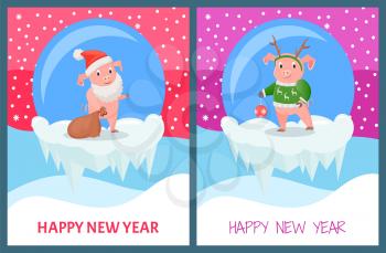 Happy New Year, pig wearing knitted sweater with print of reindeer vector. Piglet imitating Santa Claus wearing hat and carrying sack with presents