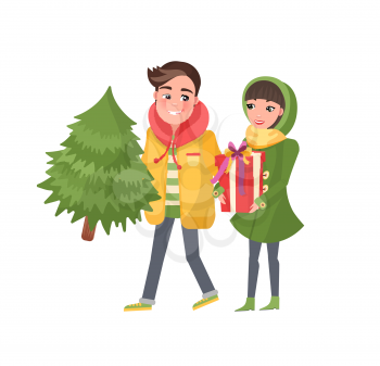 Man and woman with spruce isolated vector. Merry couple returns from shopping, Christmas tree and packages. Happy Young family getting ready to Xmas eve