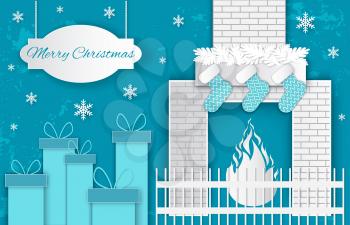 Home Merry Christmas. Fireplace with Santa Claus socks and fencing, snowflakes with ice on backstage and presents. Blue and white holiday postcard vector