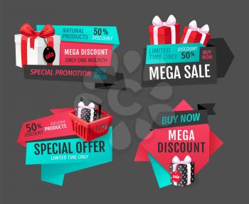 Mega discount, exclusive product on sale banners set vector. Presents in shopping basket, inflatable balloon bought on special shop offer proposition
