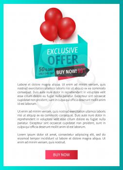 Exclusive offer 50 percents buy now, web page template vector. Balloons and ribbons with proposition of market, shop with reduced prices buy now items