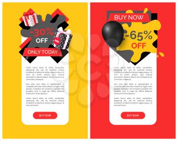 Shop or store sale vector web site template. Buy now 65 percent discount, save 30 . Banner with text and inflatable balloon, commerce business trading
