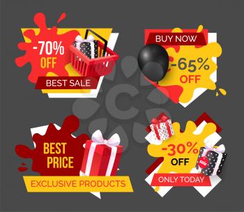 Exclusive products sellout, isolated banners of shops vector. Shopping on sales and discounts, purchasing with coupons, price reduction and promotion