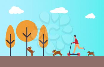 Person riding scooter in autumn park. Dogs playing outside with master. Boy having fun in city park with pet. Yellow trees and blue sky, vector flat style