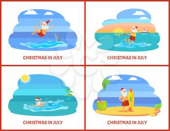 Christmas on beach, winter holiday in summer celebration vector. Santa Claus having fun, swimming and standing with surfing board, drinking cocktail