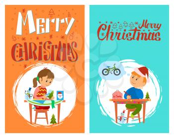 Merry Christmas holidays preparation, letter to Santa Claus and handmade present, vector in brush frame. Boy thinking of wish to make, kid writing mail