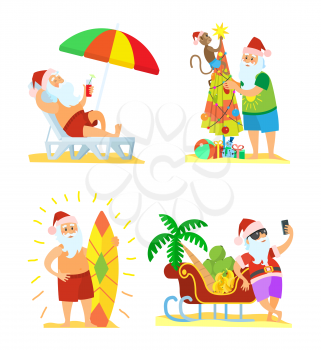 Collection of Christmas beach holiday Santa Claus vector in flat style isolated on white. Surf and chaise-lounge, fir-tree with monkey and palmtree