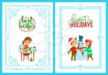 Best wishes on Christmas holidays, child making handmade greeting post, pine evergreen tree and Santa Claus cutting. Children with snowman outdoors vector
