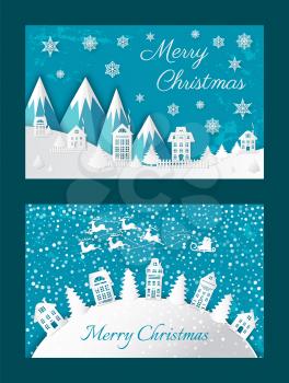 Merry Christmas paper cut. Buildings near fir-trees in mountains and hills. Snowflakes and seedling Santa Claus with five deers vector illustration