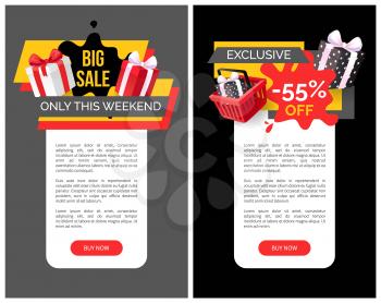 Presents and gifts in shopping basket, promotion and clearance of shops, sale goods. Exclusive products sellout 55 off price vector web site templates.