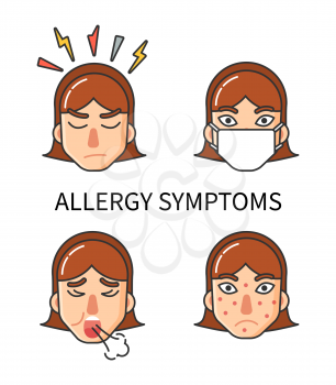 Allergy symptoms, body hypersensitivity of organism isolated icons set vector. Angry girl with headache, coughing patient, skin rash pimples on face