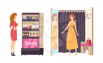 Shopping and beauty makeup stand isolated set vector. Lady trying on long dress in changing room. Customer looking at cosmetics palettes and creams