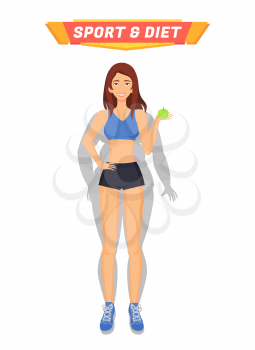 Sport and diet healthy woman holding apple and eating fruits. Weight loss of person, female transformation of body. Lady got rid of obesity vector