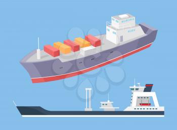 Cargo ship and rescue police boat marine vessels vector icons isolated on blue. Transportation boat full of containers export goods, shipping and delivering