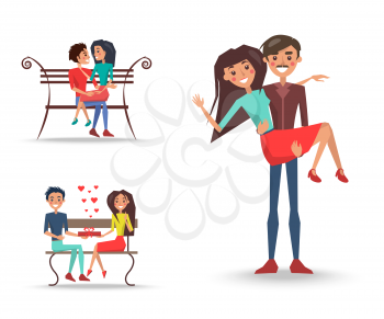 Three pretty couples in love vector illustration. Whiskered man holding happy woman, lovely pair sitting on wooden bench with red surprise and hearts.