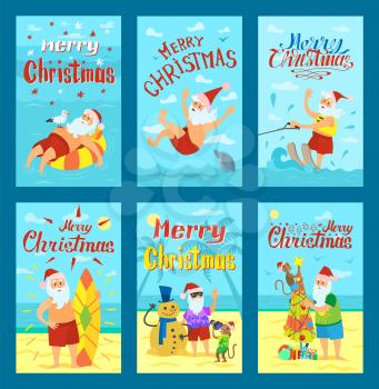 Vector holiday illustration of Santa Claus standing on beach and swimming in sea. Cheerful cartoon character for Merry Christmas design card template