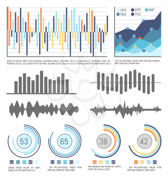 Flowcharts and infographics with data, visual info presentation vector. Templates of business charts and pie diagrams with numbers and figures schemes