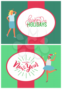 Happy holidays and New Year party people. Inscriptions in white oval with celebration women. Holiday greeting in flat style isolated on green vector