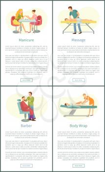 Manicure manicurist and massage masseur man with client. Healing and relaxing procedures. Barber and body wrap of les, posters with text sample vector