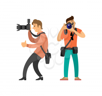 Paparazzi journalist making photos on professional cameras. Photographer freelancer men taking pictures, vector characters, flashlight shooting equipment