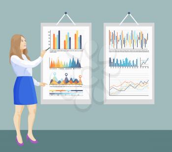 Infographic and flowcharts on paper board, presentation vector. Seminar, workshop and information given by women. Business  conceptualization of charts