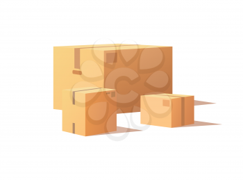 Set of boxes with adhesive tape, rectangular and square containers for distribution cargo. Transfer packages of square and rectangular shape, small big size