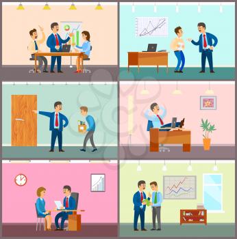 Business  meeting, teamwork brainstorming in office vector. Dismissal of worker, man fired by boss walking with cartonboard boxes. Employment of staff