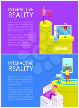 Interactive reality people using new technologies set of posters. Man playing table tennis on screen of mobile phone cell wearing vr glasses vector