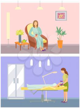 Cosmetician and calm woman sitting in soft comfortable chair vector. Resort and spa salon services and procedures. Facial treatment, care for face