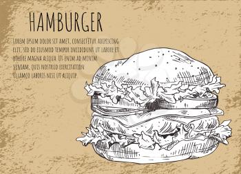 Hamburger monochrome sketch outline of poster with headline and text sample easy to edit. Fast food american fatty fresh meal vector illustration