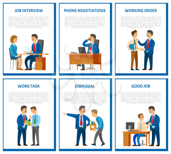Interview and phone negotiations, business call of director of company vector. Working task and order of leader, dismissal of employee with boxes