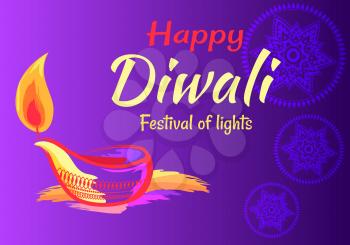 Happy Diwali festival of lights 2018 banner with decorative patterns and mandala. Vector illustration with festive candle on bright blue background