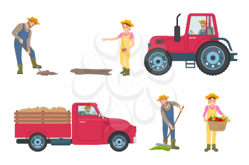 Farmer digging, planting man and woman. Tractor and car with trailer for transportation, male spreading compost. Person holding veggies basket vector