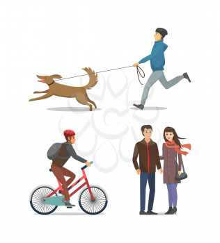 Pet on leash and boy running together isolated vector. Person riding bicycle and wearing helmet on head, couple in love hugging. Hobby and sport set