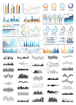 Graphics and flowcharts, schemes and charts set vector. Monochrome sketches outline of infocharts and infographics. Pie diagrams and numbers figures