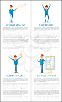 Business strategy and success, idea and planning, working people vector. Businessman showing chart, whiteboard with notes, director with gold award