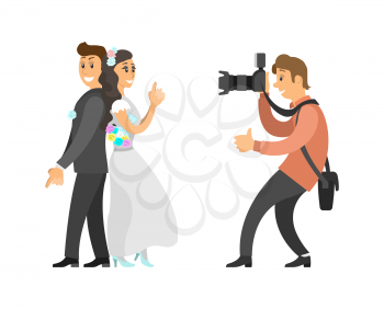 Wedding photo session of newlyweds by photographer. Groom in suit and bride wearing gown, funny spy pose, digital camera vector illustration isolated.
