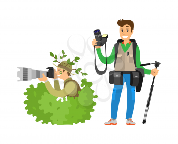 Photo reporter in bush, setting focus, vector. Photojournalist with tripod and camera gear, man zoom picture hiding in green leaves, paparazzi isolated