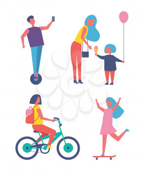 People playing in entertainment park cartoon vector set. Mom and daughter with ice cream and balloon, girl riding bike and skateboard, boy on unicycle
