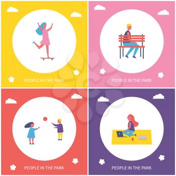 Kids have fun, resting and relaxing in park isolated vector cartoon banner set. Girl riding on skateboard, boy having rest on bench and couple playing