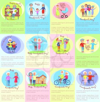 Happy grandparents day poster with senior couple daily activities with grandchildren and adu son and daughter outdoors illustrations set