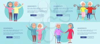 Grandparents web posters set with mature couple sitting on bench together, old husband and wife hugging each other vector illustrations isolated on blue