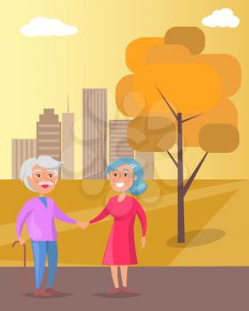 Happy grandparents senior lady and gentleman with stick walk together holding hands on background of skyscrapers in city park at sunset vector