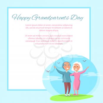 Happy grandparents day poster with senior couple spending time together outdoors, birds flying in sky vector with place for text in frame